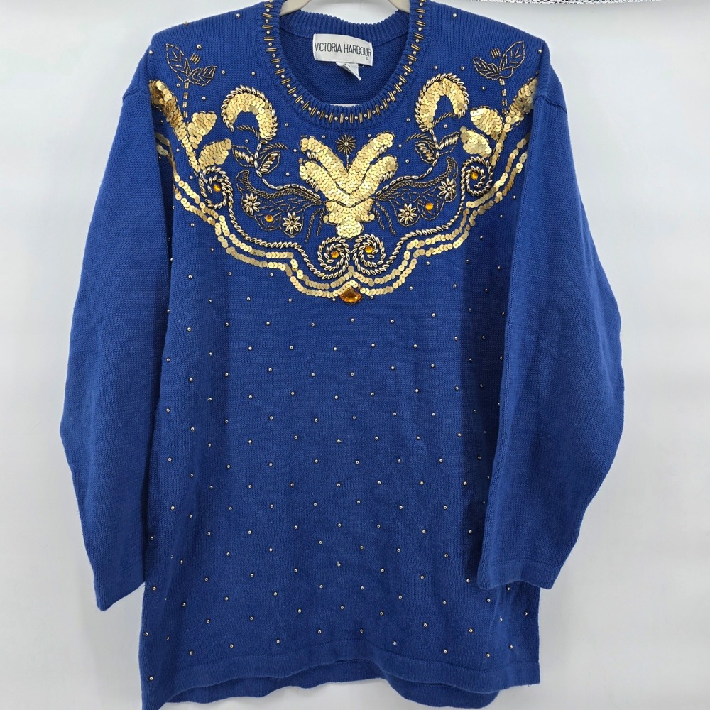 Victoria Harbour‎ Large Blue Beaded Sequin Embellished Knit Sweater Holiday